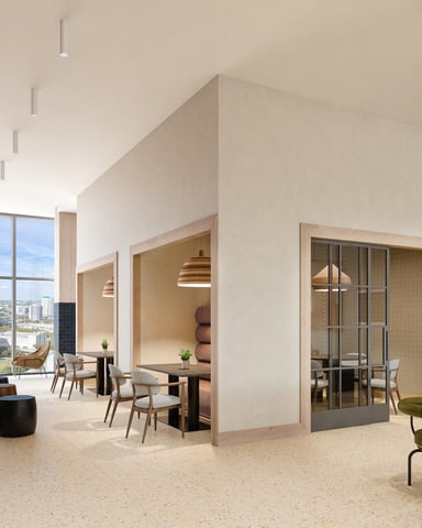 Modern high-rise apartment with open-plan living area, floor-to-ceiling windows overlooking city skyline, and multiple room dividers with glass doors.