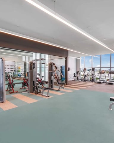 Modern fitness center with cardio equipment, weight machines, mirrored walls, and floor-to-ceiling windows overlooking cityscape