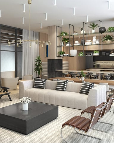Modern open-plan living room with cream sofa, black coffee table, mid-century chairs, and kitchen with wood shelving in background