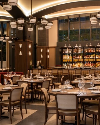 Upscale restaurant dining room with round tables, beige chairs, full bar with liquor bottles, and modern pendant lighting